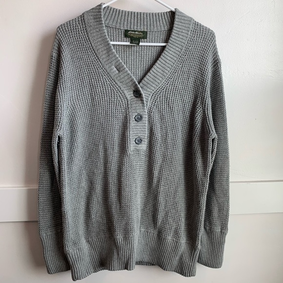 Eddie Bauer Sweaters - Eddie Bauer Gray Buttoned V-Neck Abalone Sweater